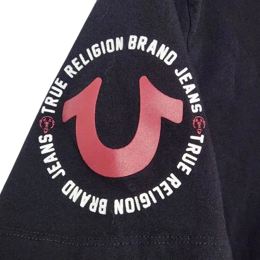 True Religion Brand Jeans black t shirt Buddha playing‎ guitar black red Large